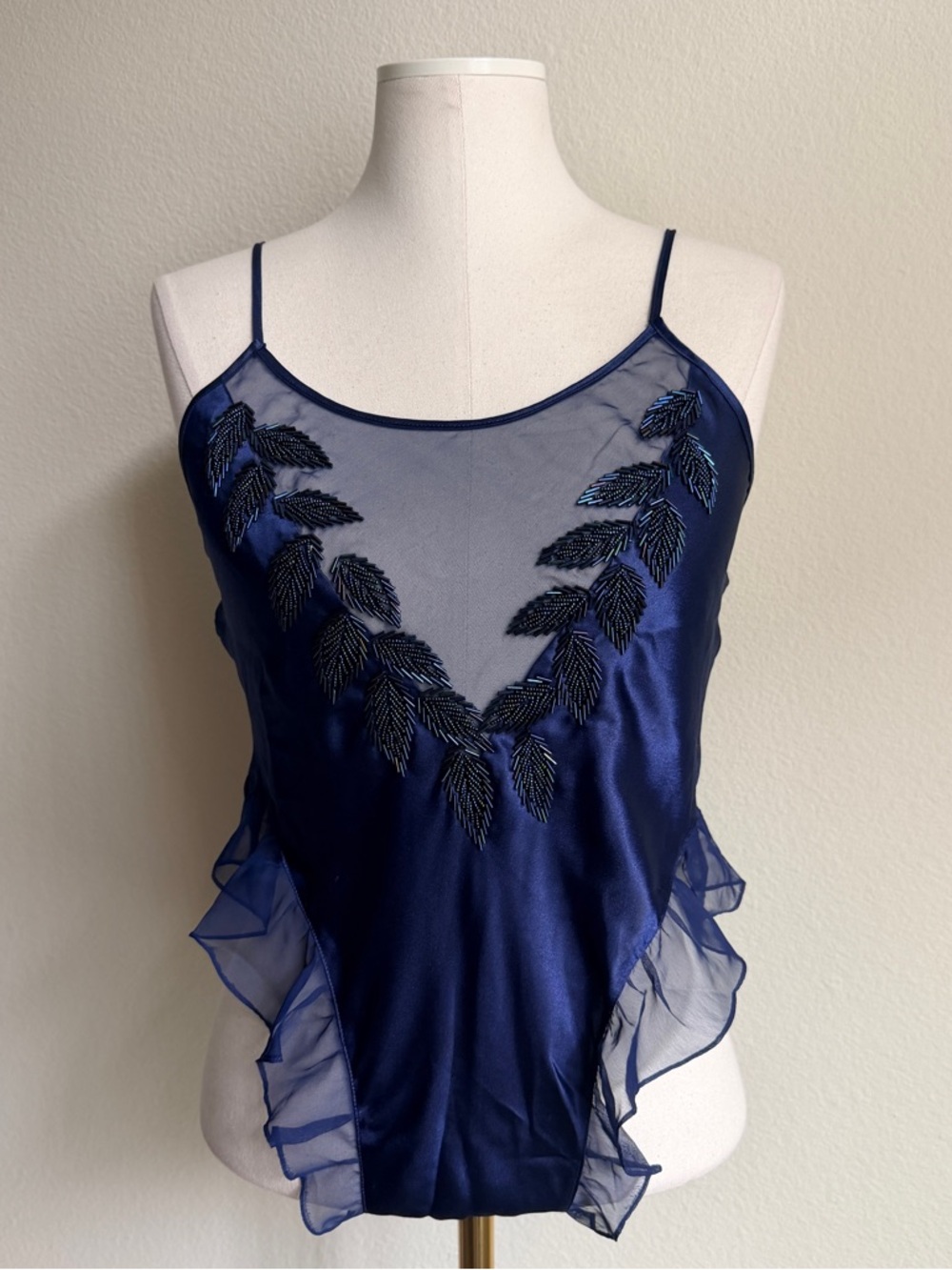 Gold Label Victoria Secret Navy Blue Sheer Mesh & Satin Cami Bodysuit